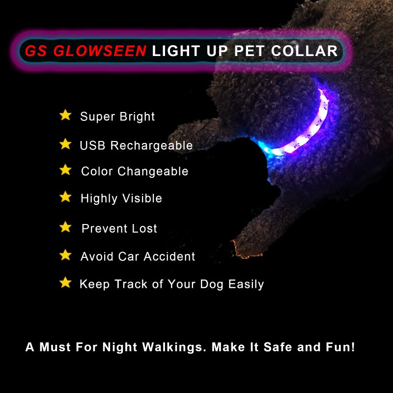 GS GLOWSEEN LED Dog Collar - Color Changeable Light Up Dog Collars USB Rechargeable,15 Light Effects Glow in The Dark Collar Weatherproof Fits for Small Medium Large Dog,Keep Your Pets Seen Safety High Visibility - Image 3